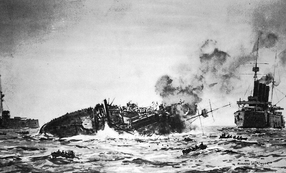 A monochrome painting of a large warship capsizing amid smoke, with lifeboats in the water and two other warships standing by.