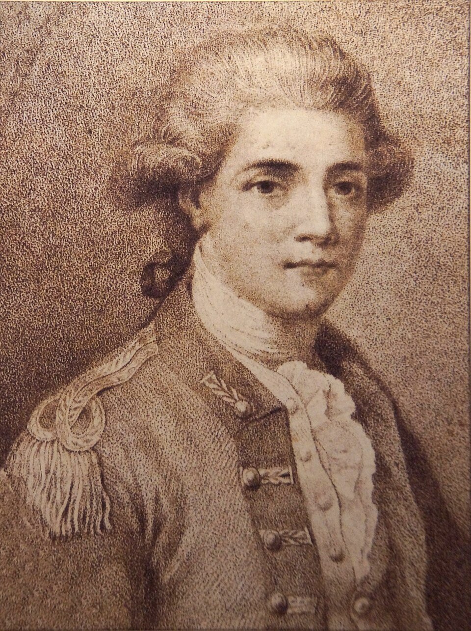 A stipple engraving in sepia of a young officer with powdered hair, an epaulette on one shoulder and a ruffled shirt front.
