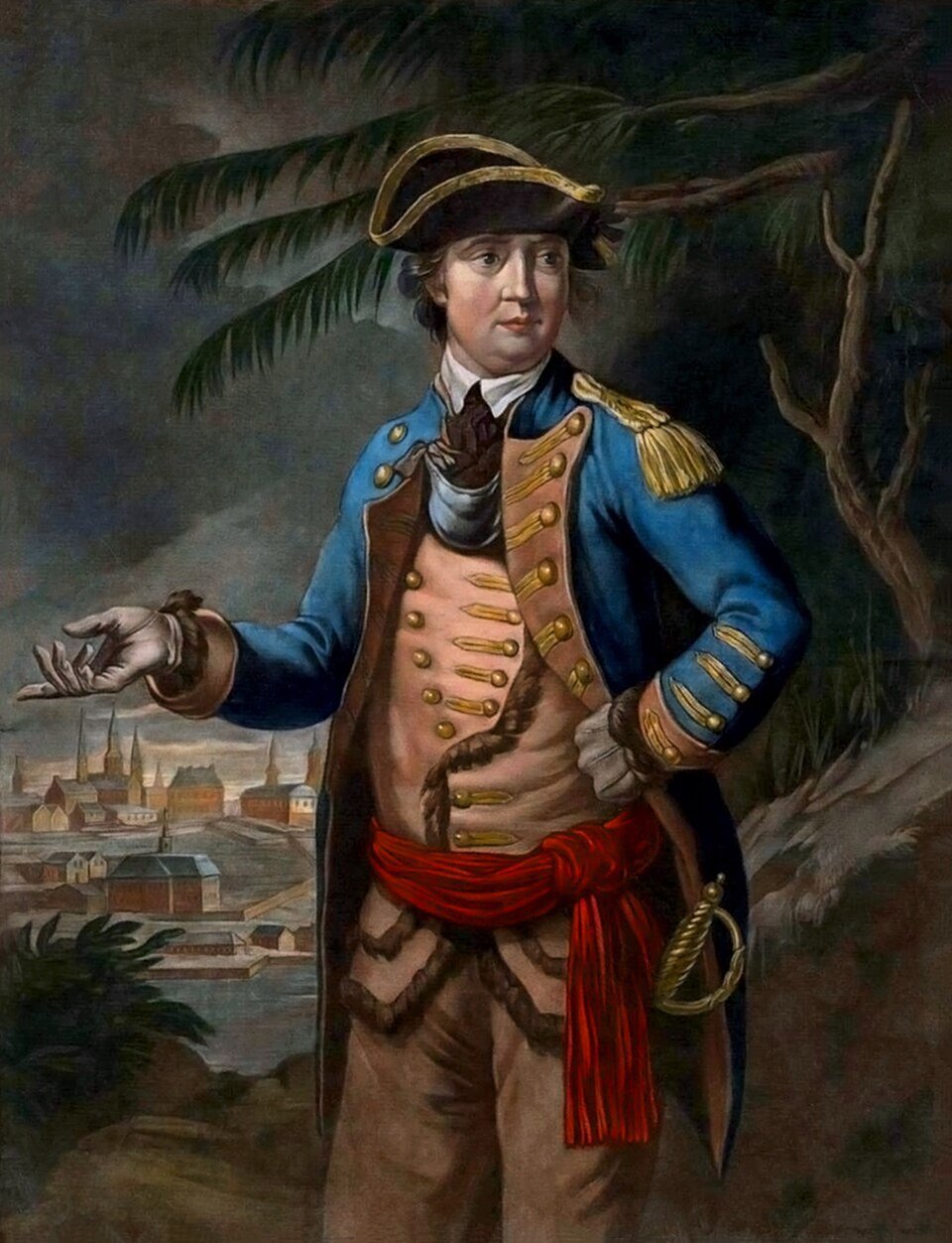 A painted portrait of an officer in a blue and buff coat with gold epaulettes and a red sash, gesturing towards a town below.