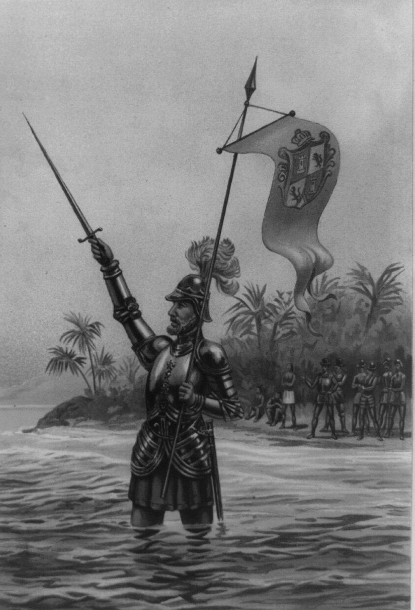 A monochrome plate of a conquistador in full plate armour standing knee deep in the sea, raising a sword in one hand and a heraldic banner in the other, with palms and onlookers on the shore behind.