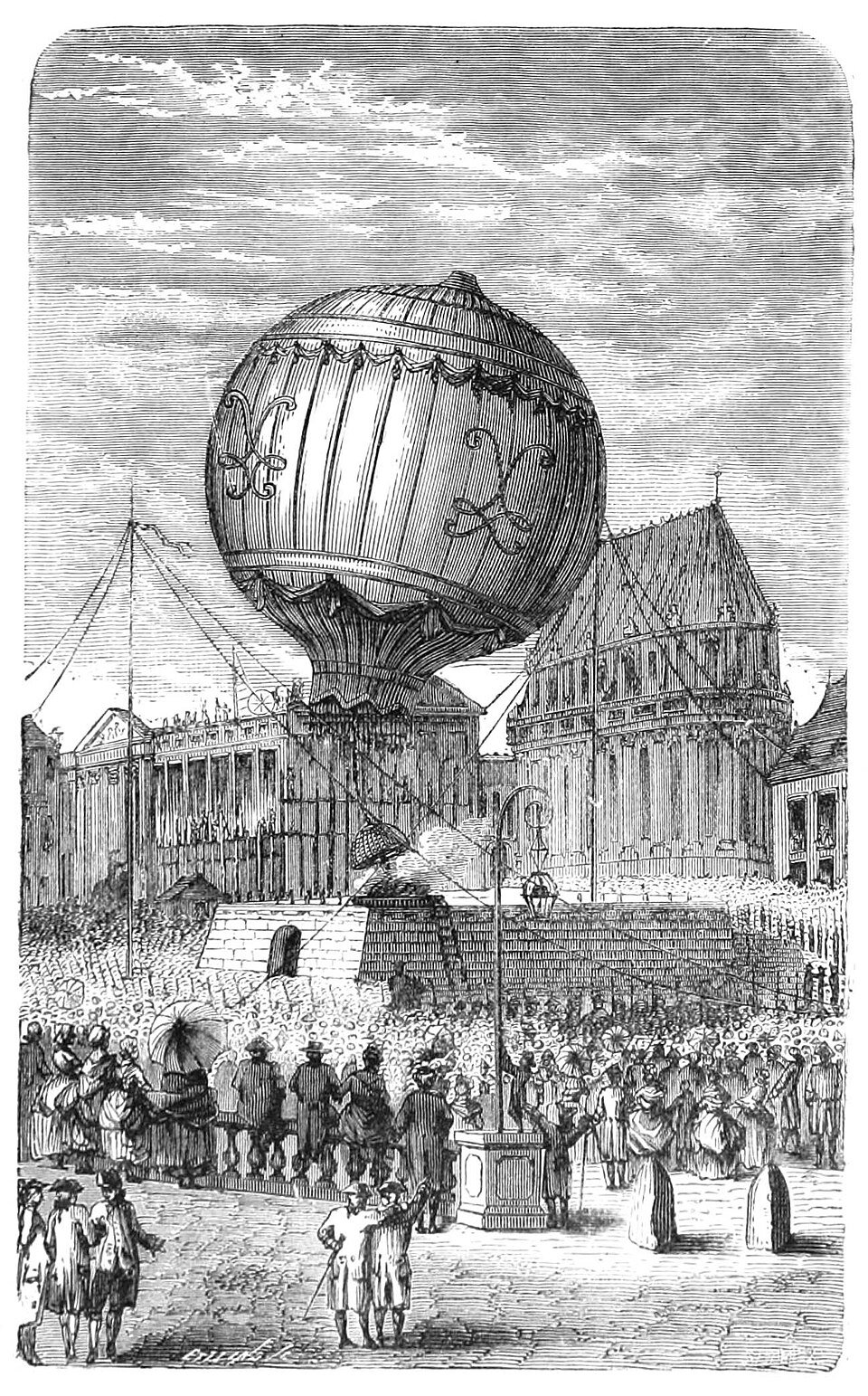 An engraving of an enormous decorated balloon rising in front of a palace, watched by a crowd of thousands in eighteenth century dress.