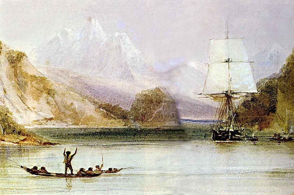 A watercolour of a small square-rigged survey ship anchored in a mountainous bay, with a canoe of people in the foreground.