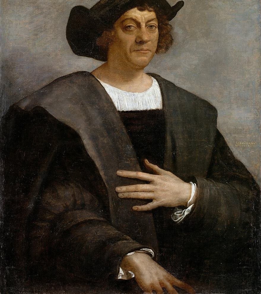 Renaissance oil portrait of a man in a dark cloak and cap, one hand resting on his chest.