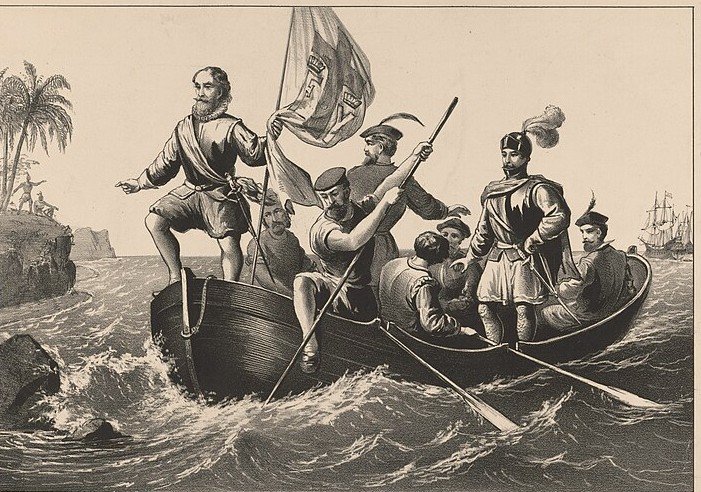 A lithograph of a man in doublet and hose stepping from the bow of a longboat into the surf, holding a banner, with armed men in the boat behind him and a palm-covered shore to the left.