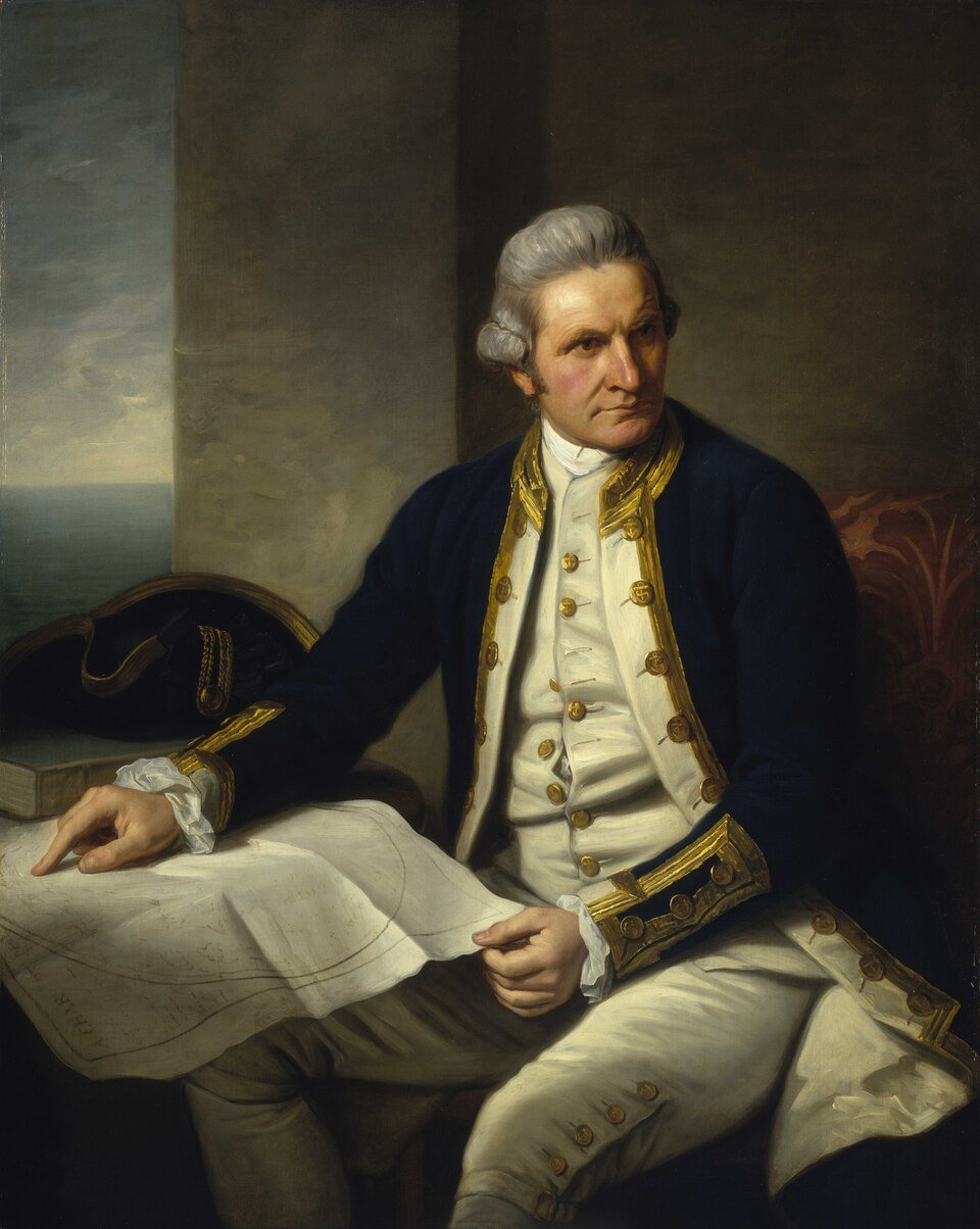 A painted portrait of a man in a dark naval coat with gold braid seated at a table, one hand resting on a rolled chart, a sea visible through an opening behind him.