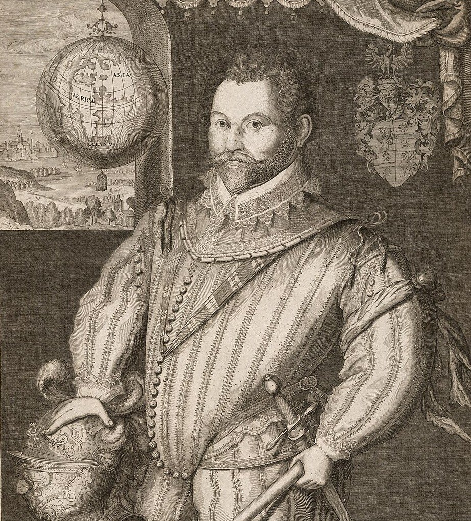 An engraved portrait of a bearded Elizabethan gentleman in a slashed doublet and ruff, a globe of the world hanging behind him.