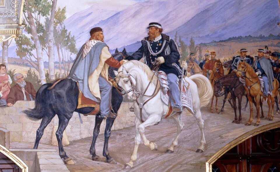 A painted scene of two men on horseback meeting and clasping hands on a road, one in a red shirt and cloak, the other in dark uniform, with mounted soldiers behind them and hills beyond.