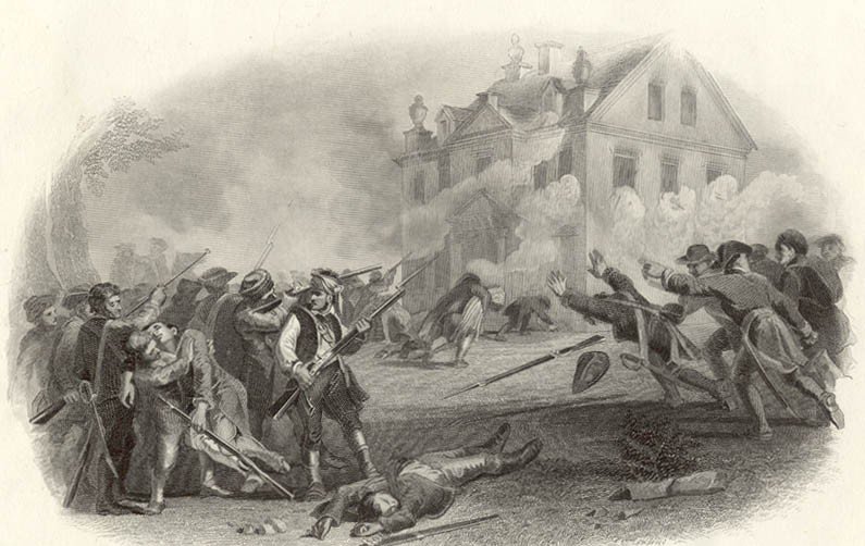 A steel engraving of soldiers firing at a stone mansion wreathed in smoke, wounded men on the ground and troops advancing from both sides.