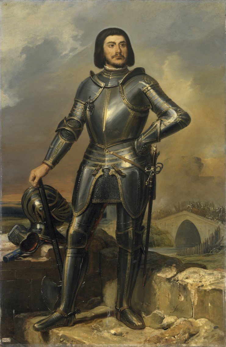 A painted portrait of a bearded man in full plate armour standing on a rocky riverbank, holding a helmet under one arm, with a bridge and pale sky behind him.