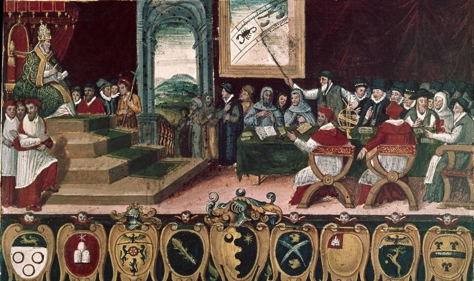 A painted wooden panel showing a pope enthroned on the left and a group of scholars around a table with books and an armillary sphere on the right, above a row of heraldic shields.