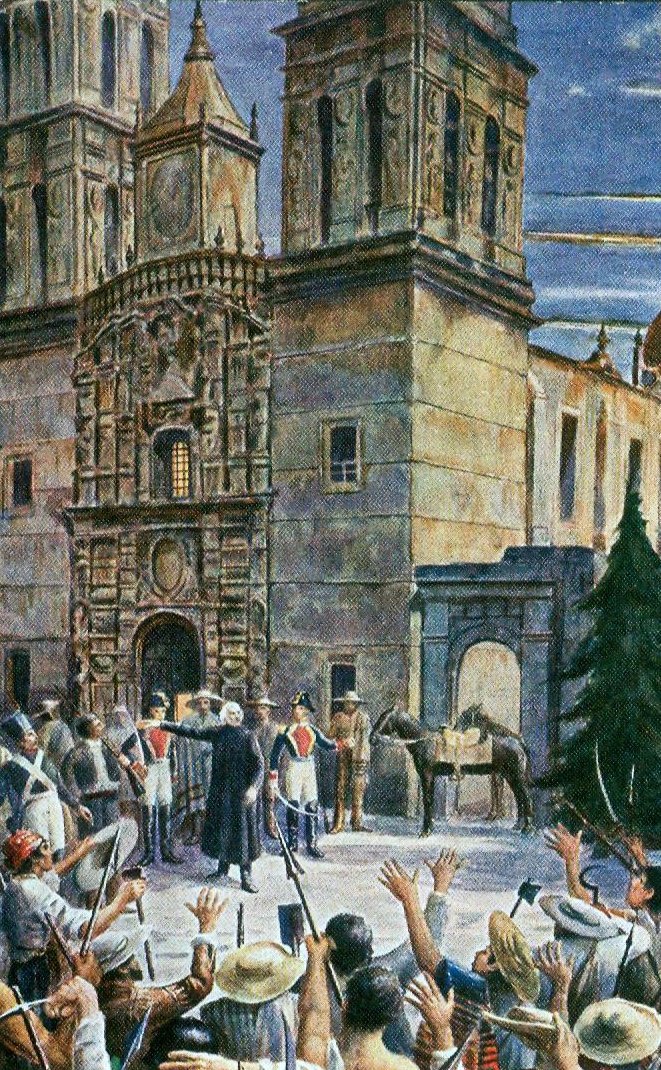 A painting of a priest in black raising his arm outside a baroque church, a crowd below him lifting machetes and hats.