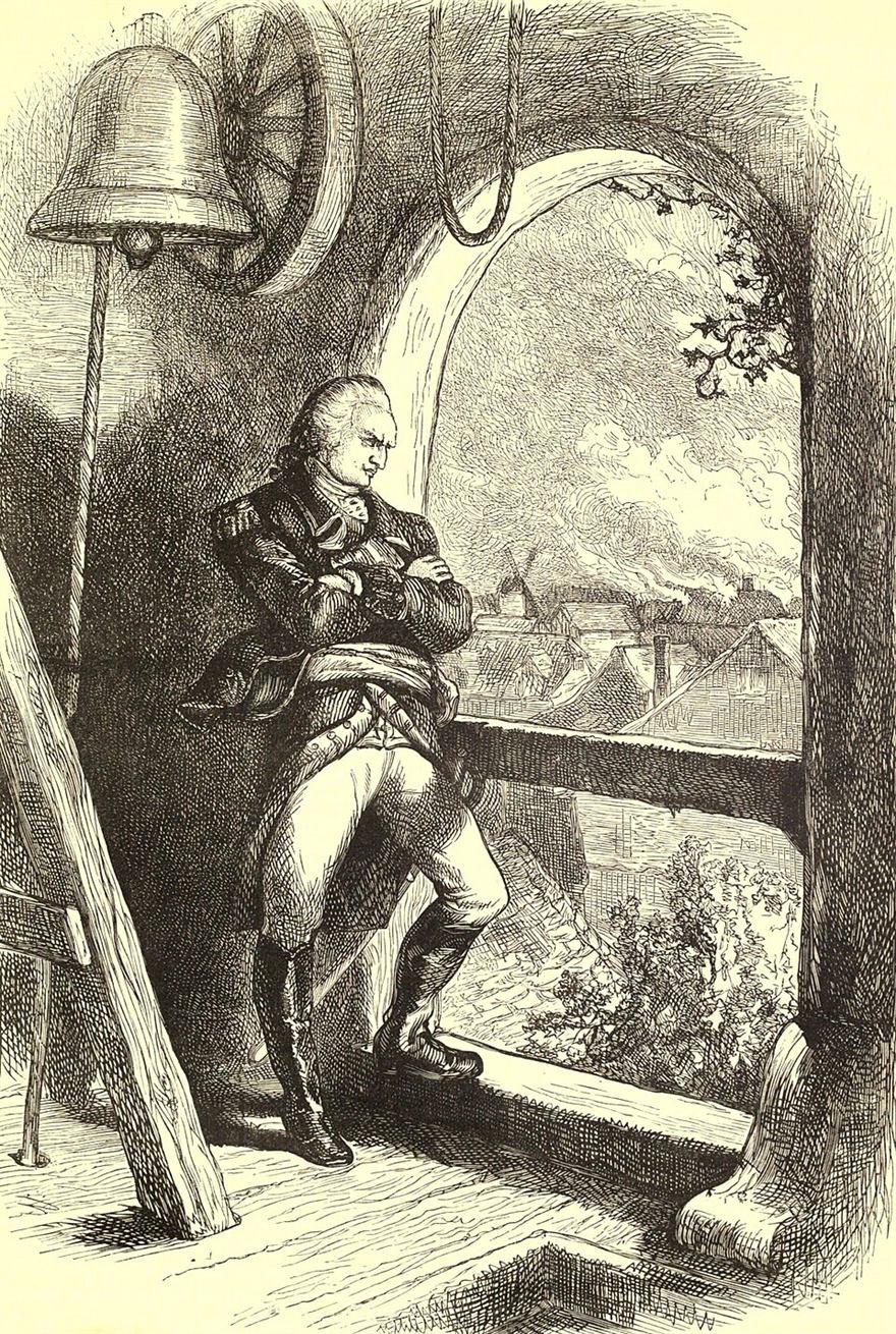 Engraved illustration of an officer in uniform standing under a bell, looking out over a burning town.