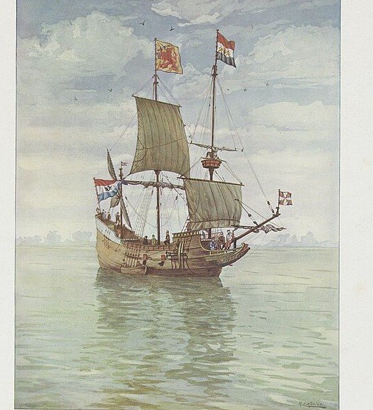 Watercolour of a small seventeenth century Dutch sailing ship at anchor on calm water under a pale sky.
