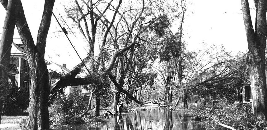 A flooded residential street strewn with fallen trees and snapped power lines, two small figures standing in the water.