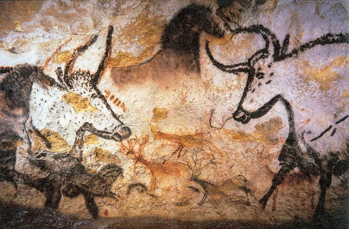 Cave wall covered in ochre and black paintings of bulls, horses and deer.