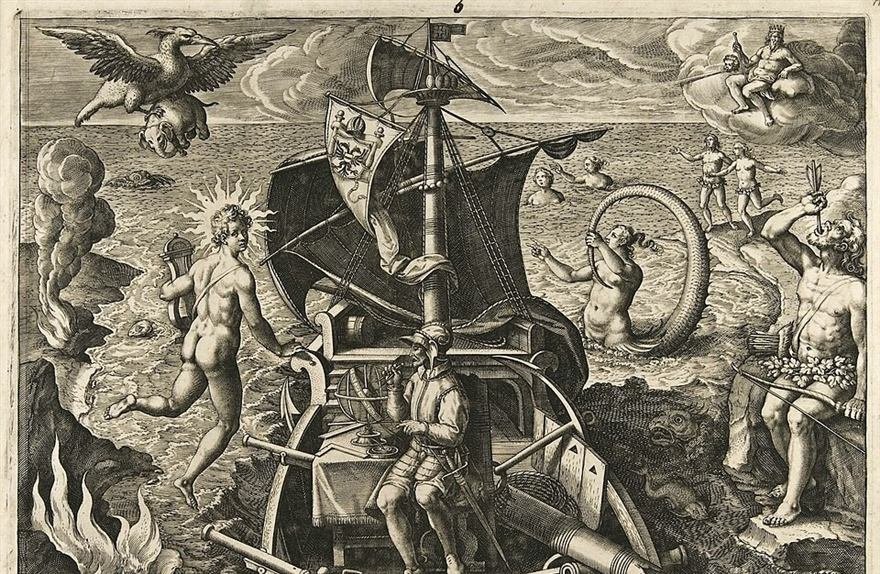 Renaissance engraving of a sailing ship surrounded by sea gods, mermaids and a flying creature.