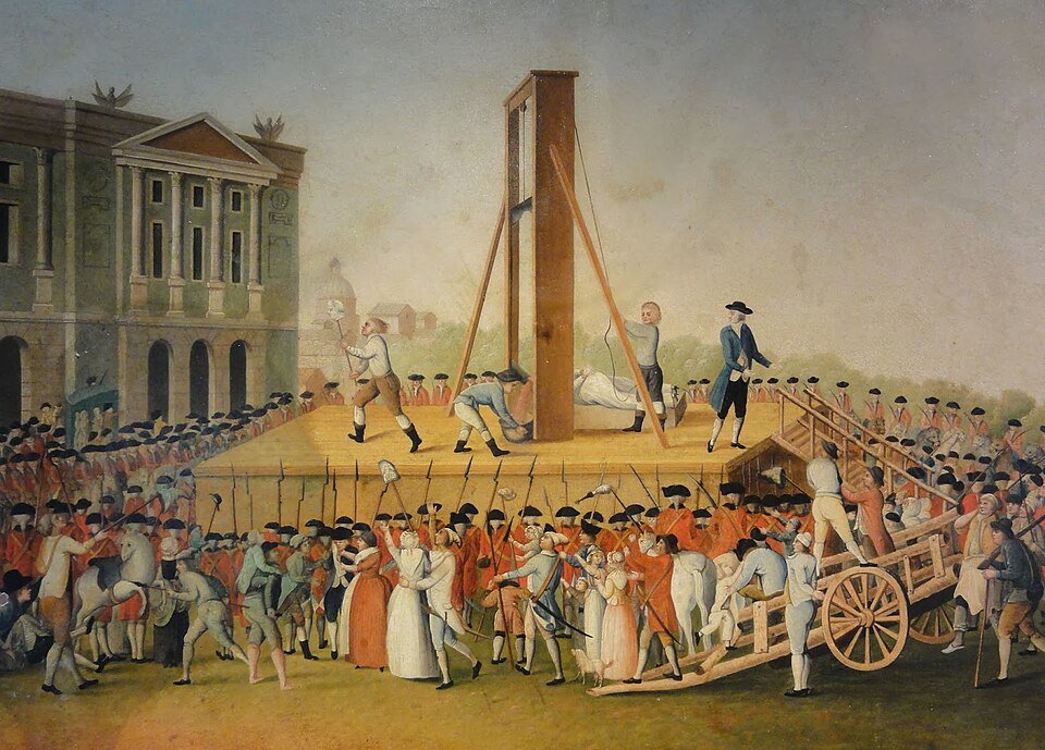 A painting of a guillotine on a wooden scaffold in a crowded square, soldiers in red and blue ringing the platform and a cart drawn up at the steps.