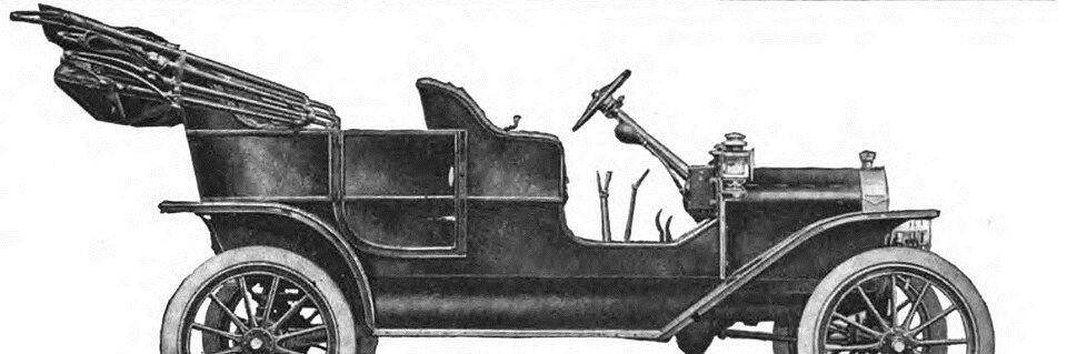 A period illustration in side view of an open-topped motor car with a folded canvas hood, high wheels and a bare steering column.