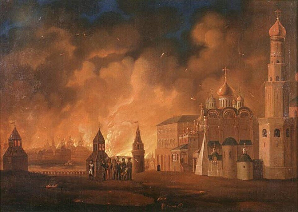 A painting of a city burning at night behind onion-domed churches, with soldiers watching from the foreground.