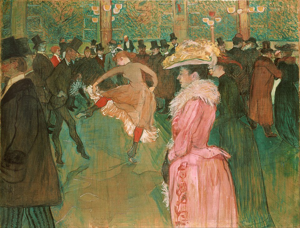 An oil painting of a dance hall with a woman in a pale skirt kicking up a heel on the polished floor, men in top hats watching from the sides and a woman in a pink dress in the foreground.