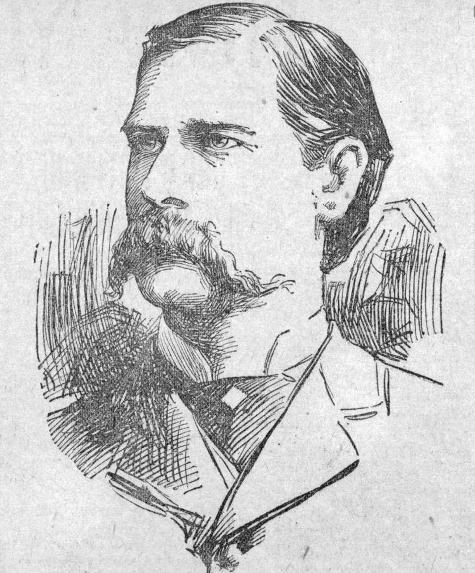 An engraved portrait of a man with a long drooping moustache and swept-back hair, in a dark coat and high collar, shown from the chest up.