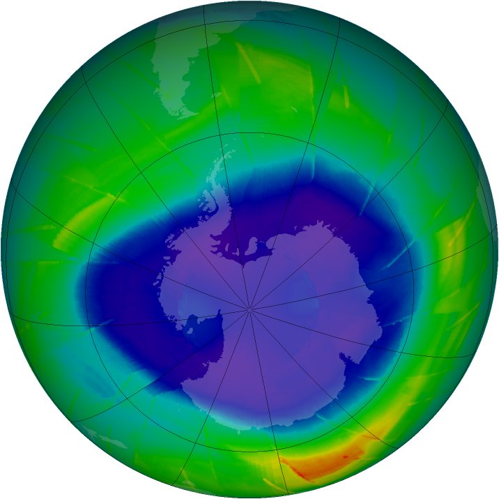 A false-colour satellite map of the southern polar region showing a large deep blue and purple area over Antarctica, ringed by green, surrounded by a grid of latitude and longitude lines.