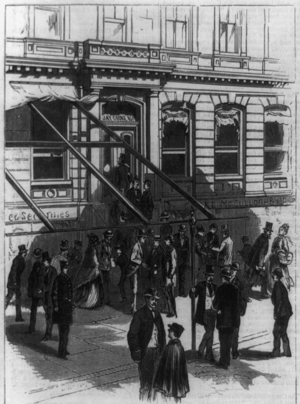 A wood engraving of a crowd of men in top hats and bowlers standing on a pavement outside a shuttered bank, with braced timbers across the shopfront and a policeman among them.