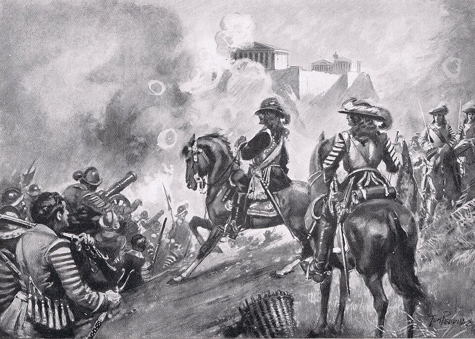 A wash drawing of soldiers and mortars on a hillside firing at a columned temple on a rocky height, smoke drifting across the scene.