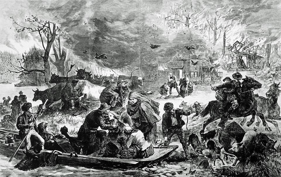 A wood engraving of families fleeing a burning town at night, some pushing a boat into a river, others driving cattle and horses ahead of walls of flame.