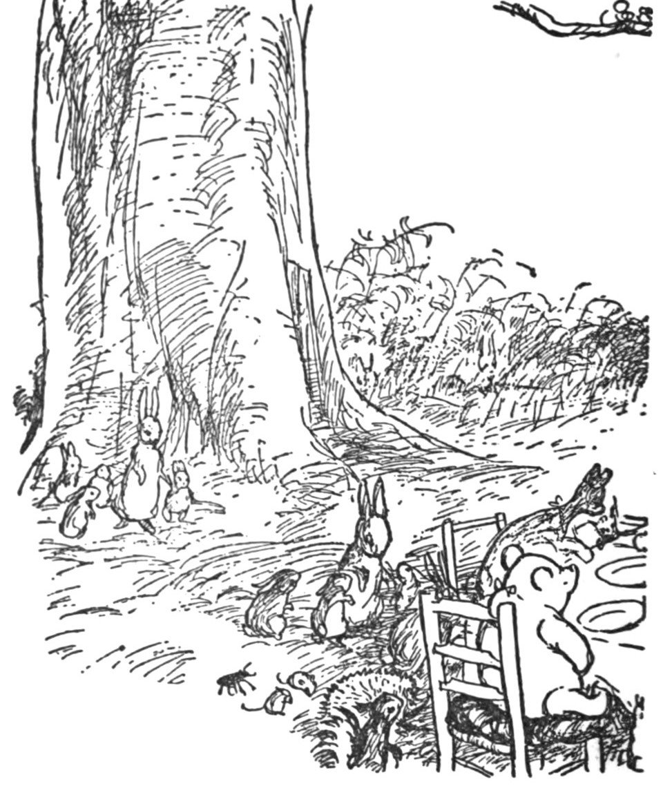 A pen and ink drawing of a small round bear sitting in a wooden chair on a woodland path, with rabbits, mice and other small animals gathered in a line before him under a large tree.