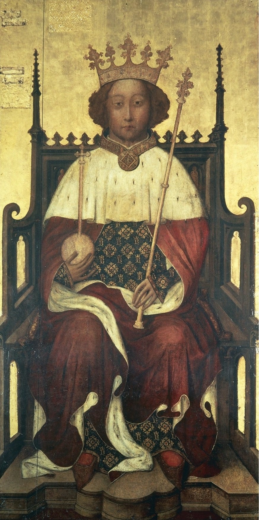 A medieval panel painting on a gold ground of a young crowned king enthroned, holding an orb and sceptre.