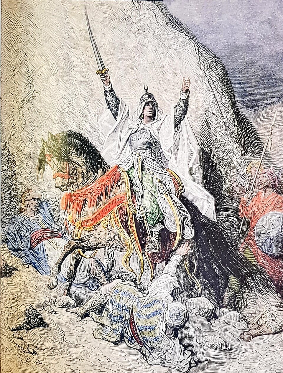 A hand-coloured engraving of a robed commander on horseback raising a curved sword, fallen armoured knights beneath the horse and turbaned soldiers behind.