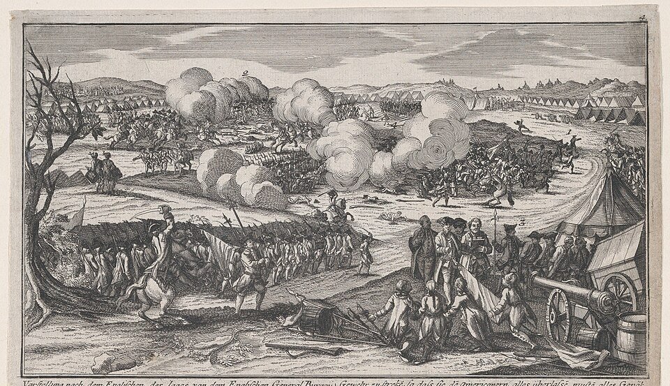 An engraved battle panorama showing lines of infantry firing across open ground, cannon smoke in rolling clouds, tents and camps in the distance and horsemen on the flanks.