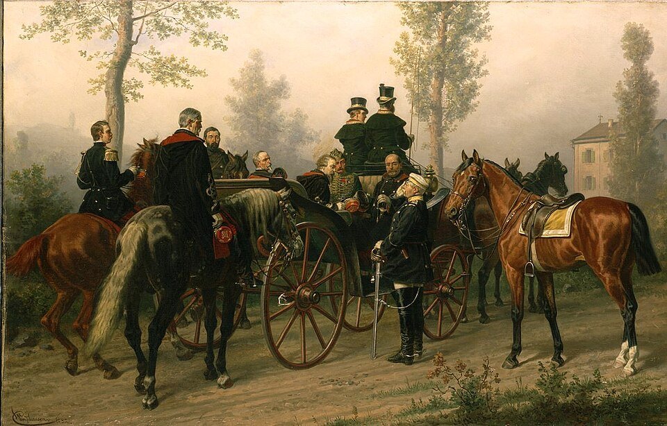 Nineteenth century painting of officers on horseback beside a carriage on a country road, one man in a white cap standing at the roadside.