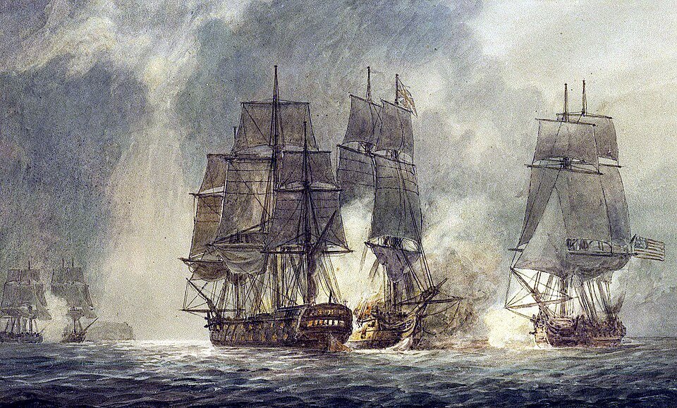 A painting of two wooden sailing warships locked together and firing at close range under a smoke-filled sky.