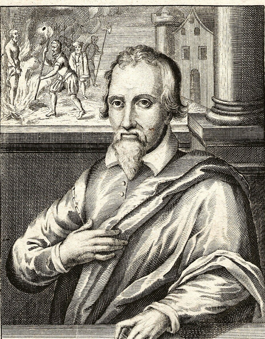 An engraved portrait of a bearded man in a fur-trimmed robe with one hand at his chest, a small scene of figures around a burning pyre set into the background behind him.