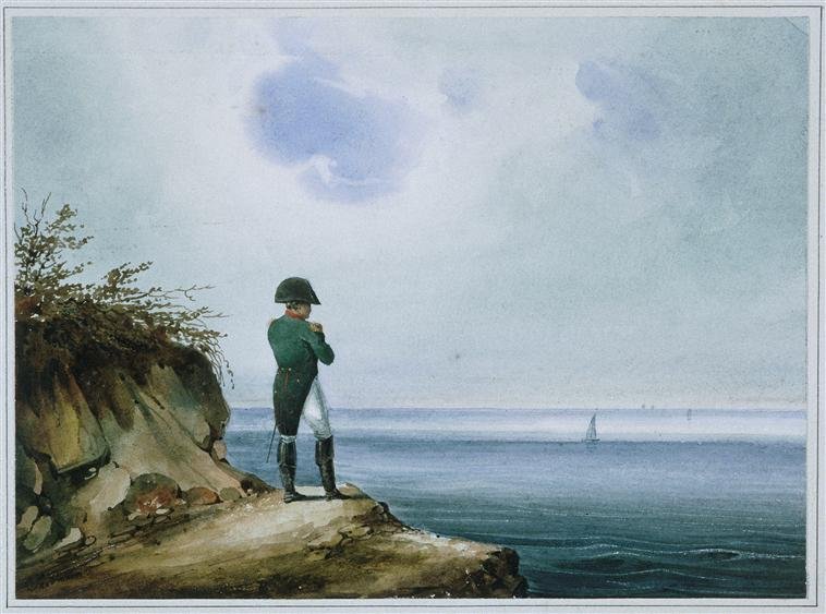 A watercolour of a man in a bicorne hat and green coat standing alone on a clifftop with his arms folded, looking out over a wide grey-blue sea with a distant sail.