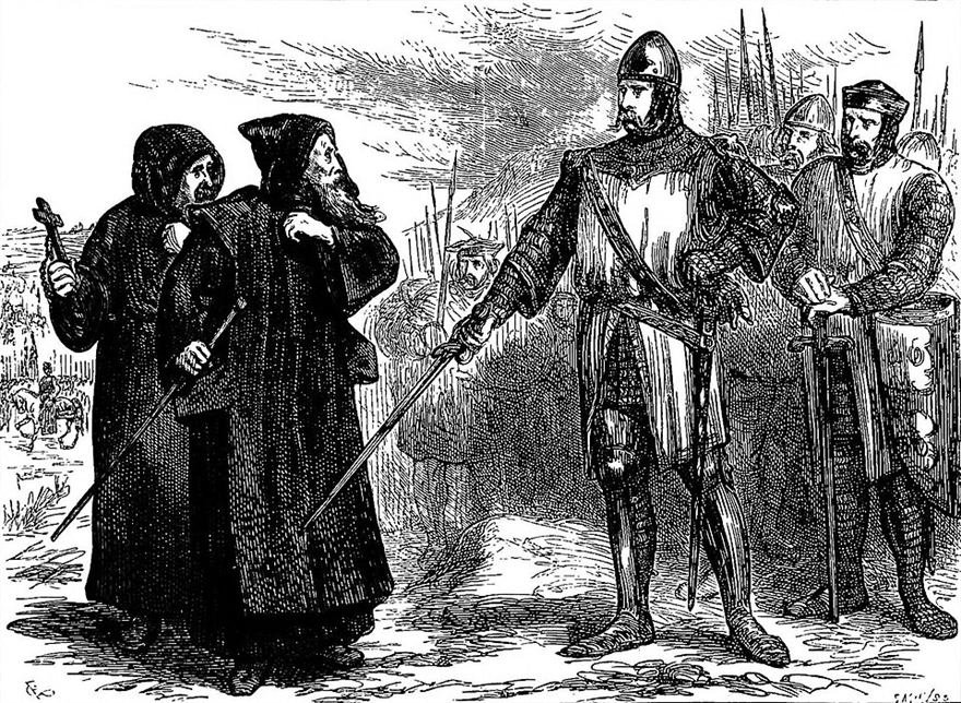 Victorian engraving of two hooded monks facing an armoured knight flanked by soldiers with spears.