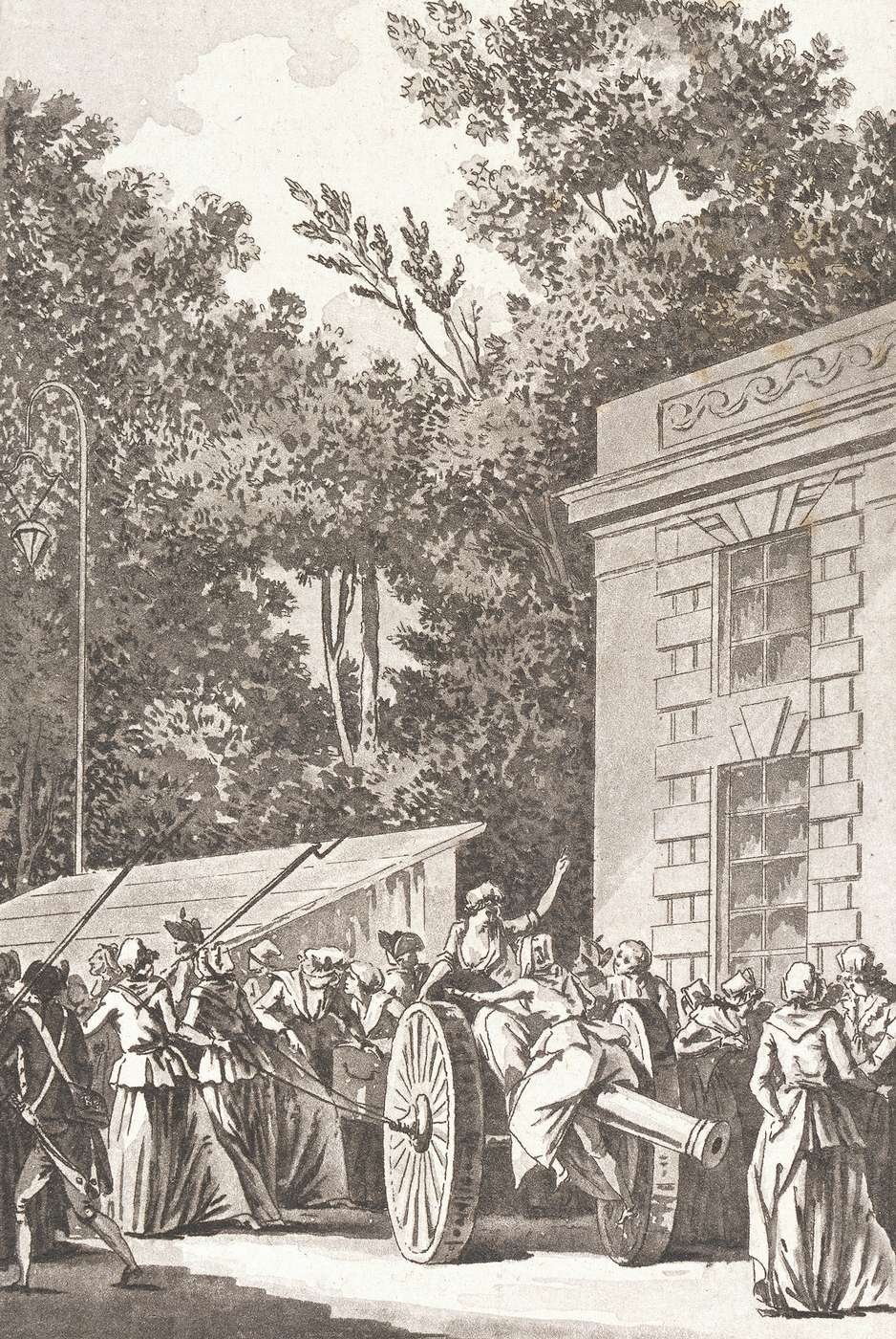An ink and wash drawing of women in long skirts and caps hauling a cannon and a covered cart past a stone gateway, a soldier walking alongside.
