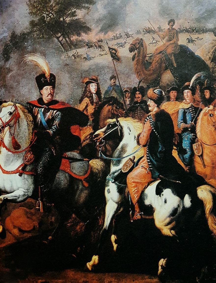 Baroque painting of richly dressed cavalry with a camel in the background, sabres raised.
