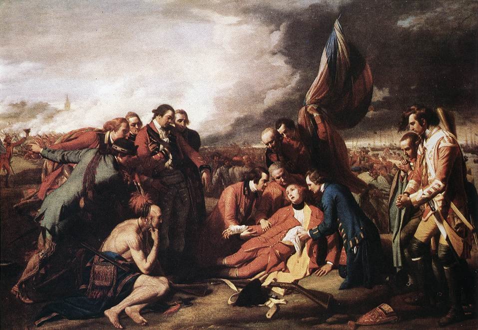Dramatic oil painting of a dying officer in a red coat surrounded by kneeling soldiers on a battlefield.