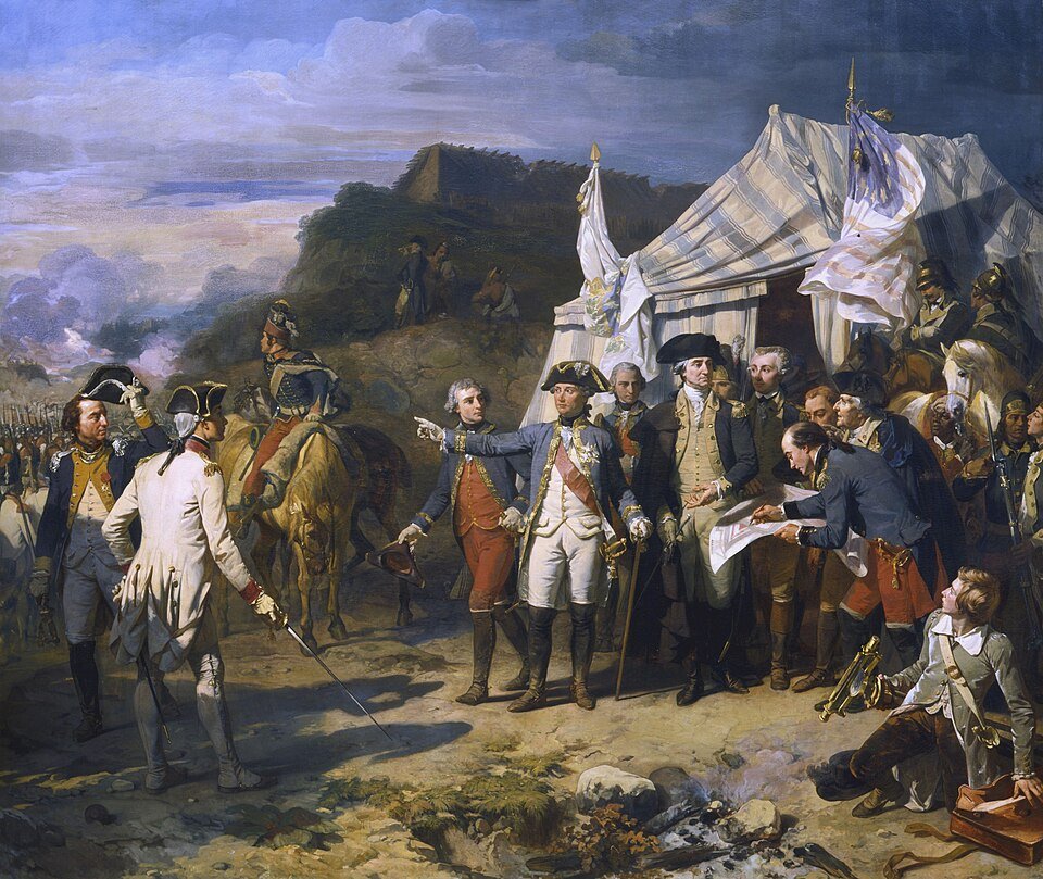 A large oil painting of officers in blue, white and red uniforms conferring on open ground before a striped campaign tent, with earthworks, cavalry and gunsmoke behind them.